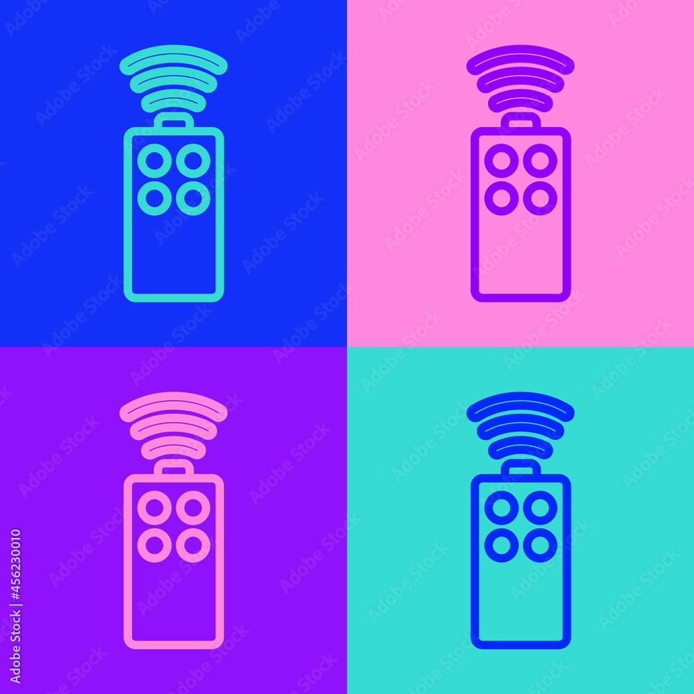 Poster pop art line remote control for the camera icon isolated on color background. an auxiliary device th
