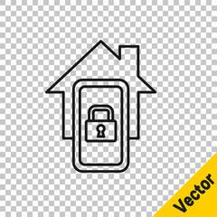Black line Mobile phone with smart home icon isolated on transparent background. Remote control. Vector