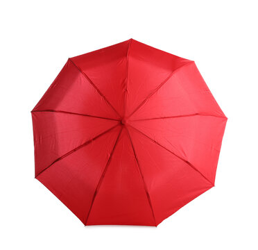 Stylish open red umbrella isolated on white