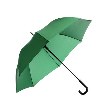 Stylish open green umbrella isolated on white