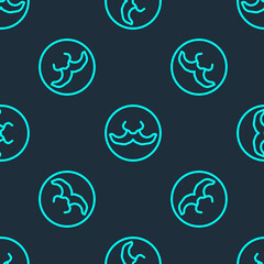 Green line Mustache icon isolated seamless pattern on blue background. Barbershop symbol. Facial hair style. Vector