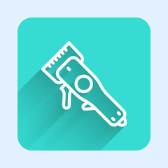 White line Electrical hair clipper or shaver icon isolated with long shadow. Barbershop symbol. Green square button. Vector