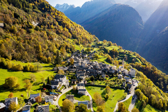Soglio village in Switzerland, autumn aerial view
