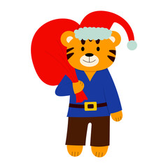 cartoon illustration for children. a tiger in a New Year's hat with a bag of gifts. vector isolated on a white background