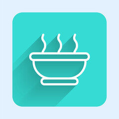 White line Bowl of hot soup icon isolated with long shadow. Green square button. Vector