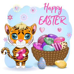 Cartoon tiger with Easter egg as Easter bunny. Easter 2022, April. Children's style, cute. Symbol of the year