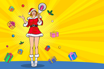 Santa girl holding megaphone announce