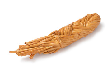 Single smoked braided cheese, called Chechil, from the Adyghe Republic isolated on white background 