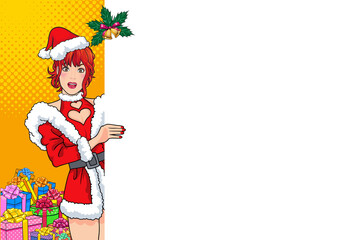 smiling santa woman standing and showing big empty space banner [Converted]