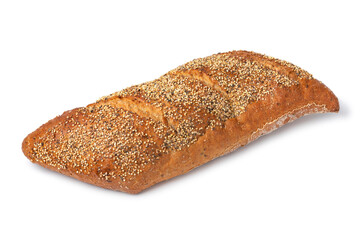 Whole traditional Belgian sourdough loaf of bread in a special shape with seeds isolated on white background 
