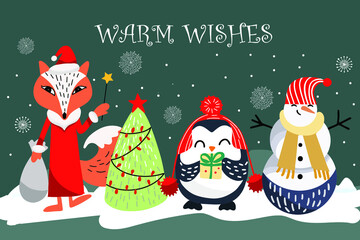 Christmas card with a company of a fox, a penguin and a snowman, a Christmas tree, the inscription Warm wishes.