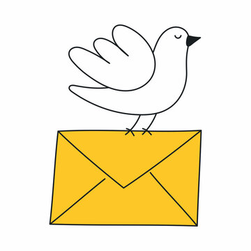 A cute funny bird carries an envelope. Messaging, sending letters, contact, or sharing information concept. Thin line vector illustration on white.