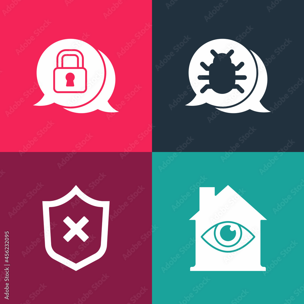 Poster set pop art house with eye scan, shield cross mark, system bug and cyber security icon. vector