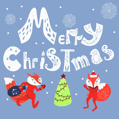 Christmas banner with two deer in sweaters, lettering Merry Christmas, turquoise background.