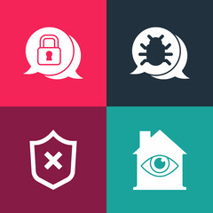 Set pop art House with eye scan, Shield cross mark, System bug and Cyber security icon. Vector