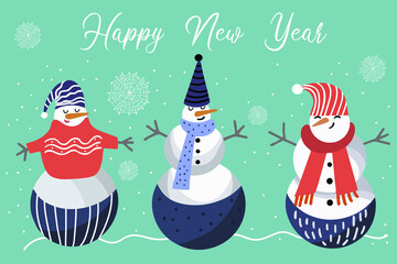 Christmas snowmen, a set of three snowmen in hats and scarves, the inscription Happy New Year.