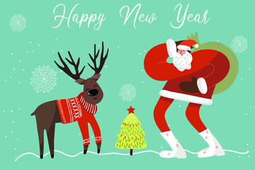 Christmas card Santa Claus and with a deer next to the Christmas tree, the inscription Happy New Year.