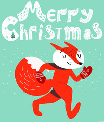 Lettering Christmas card Merry Christmas, fox goes for gifts in knitted mittens.