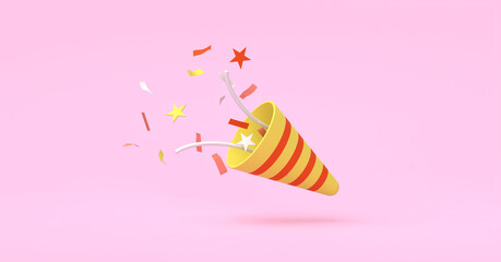 Exploding party popper with confetti and streamer isolated on background, Celebration Concept, 3D Rendering