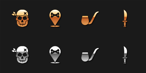 Set Skull, Location pirate, Smoking pipe and Pirate sword icon. Vector