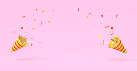 Exploding party popper with confetti and streamer isolated on background, Celebration Concept, 3D Rendering