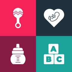 Set pop art ABC blocks, Baby bottle, inside heart and Rattle baby toy icon. Vector