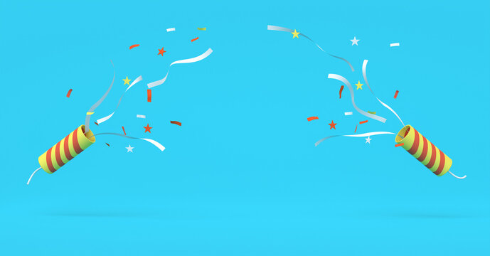 Exploding party popper with confetti and streamer isolated on background, Celebration Concept, 3D Rendering