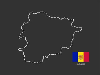 Andorra map vector thin white line style on the black background and Andorra flag in this vector.
