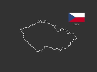 Czech map vector thin white line style on the black background and Czech flag in this vector.