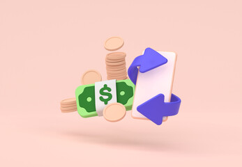 Smartphone with arrow around in front of Coin and Money stack on pink background, Business investment concept, 3D rendering.