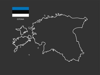 Estonia map vector thin white line style on the black background and Estonia flag in this vector.