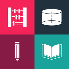 Set pop art Open book, Pencil, Geometric figure Cylinder and Abacus icon. Vector