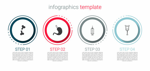 Set Human broken bone, stomach, Syringe and Crutch or crutches. Business infographic template. Vector