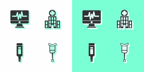 Set Crutch or crutches, Monitor with cardiogram, Digital thermometer and Medical hospital building icon. Vector
