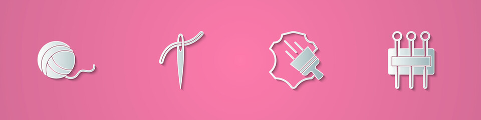 Set paper cut Yarn ball, Needle with thread, Leather and for sewing icon. Paper art style. Vector