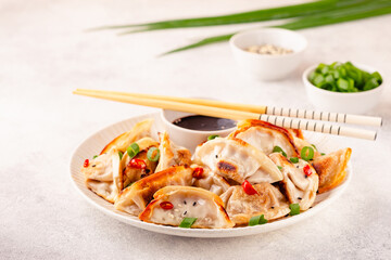 Fried dumplings served with green onions.