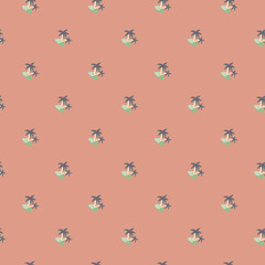 Abstract seamless pattern with decorative small blue island and tree palm print. Pink pastel background.