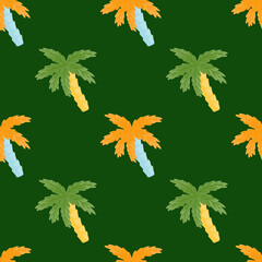 Naklejka na ściany i meble Orange and green palm tree ornament seamless doodle pattern. Simple style. Dark green background.