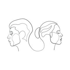 Continuous line of men and women show their love, kiss Valentine's Day Love Thailand vector illustration, hand-drawn lines, simple wedding couples.