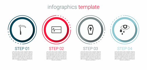 Set Scythe, Beat dead in monitor, Coffin with cross and Tear cry eye. Business infographic template. Vector