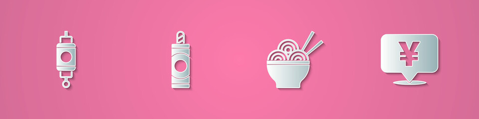 Set paper cut Chinese paper lantern, Firework, Asian noodles bowl and Yuan currency icon. Paper art style. Vector