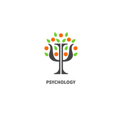 Letter psi in shape of apple tree with leaves and fruits. Psychology symbol - obrazy, fototapety, plakaty