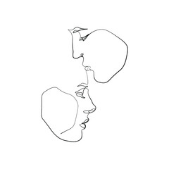 Continuous line of men and women show their love, kiss Valentine's Day Love Thailand vector illustration, hand-drawn lines, simple wedding couples.