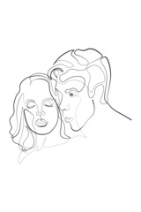 Continuous line of men and women show their love, kiss Valentine's Day Love Thailand vector illustration, hand-drawn lines, simple wedding couples.