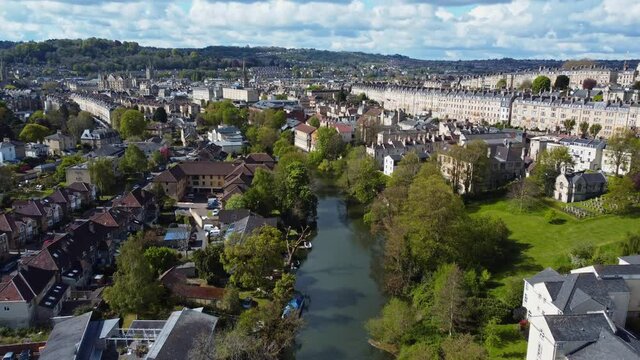 Bath, UK. Stunning aerial vista of the iconic river Avon and city looking west from the eastern side