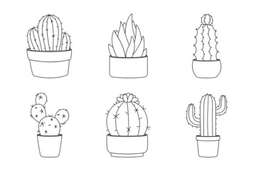 Line art design element cactus collection. Set six elements
