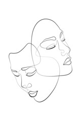 Continuous line of men and women show their love, kiss Valentine's Day Love Thailand vector illustration, hand-drawn lines, simple wedding couples.