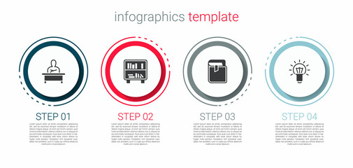 Set Schoolboy sitting at desk, Shelf with books, Book and Light bulb. Business infographic template. Vector