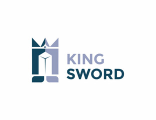 Royal King Illustration Logo, Head of King with Sword Gemstone Crown logo design