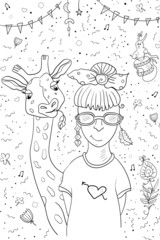 Girl and Giraffe Fun Friendly Music Party Vector Coloring